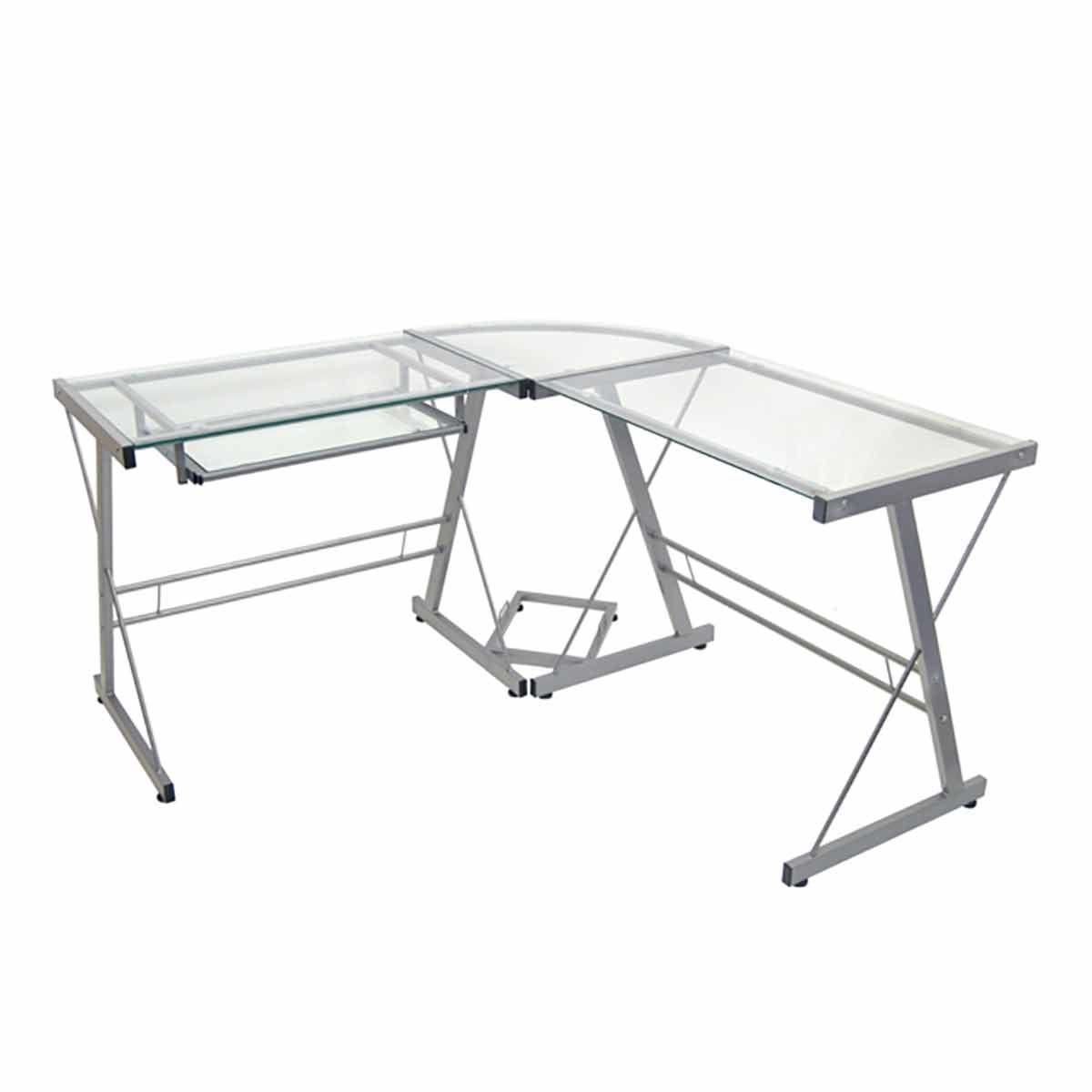 Lunain Modern Metal Glass Corner Computer Desk 130cm Silver