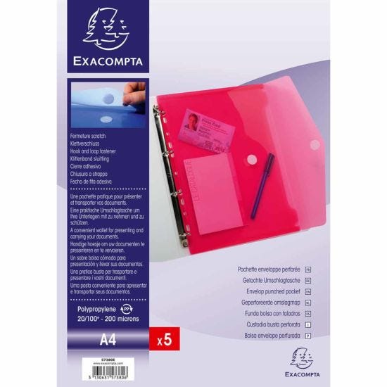 Exacompta Envelope Punched Pockets PP A4 Hook and Loop 10 Packs of 5 Assorted