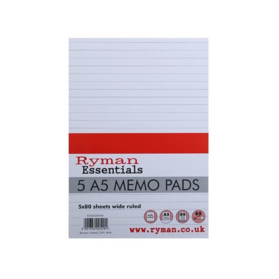 Ryman Memo Pad A5 Ruled Top Bound 160 Pages 80 Sheets Pack of 5