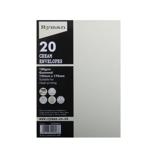 Ryman Envelopes for Cards 125x175mm 100gsm Pack of 20