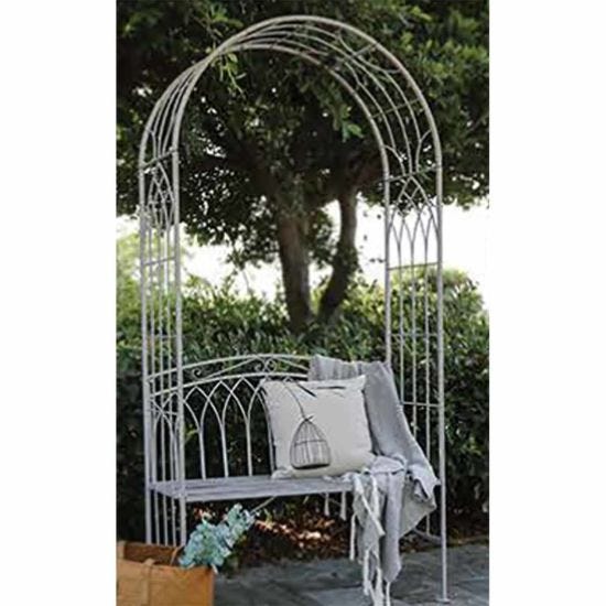 Charles Bentley Wrought Iron Arch with Bench Antique White