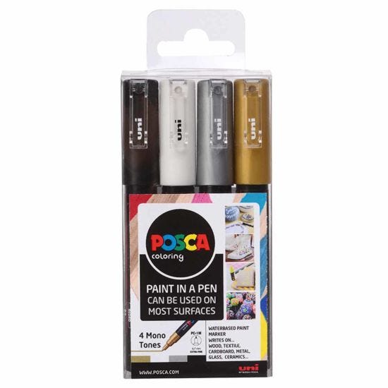 Uni Posca Marker Pen 0.7mm Monotones Set PC-1M Pack of 4