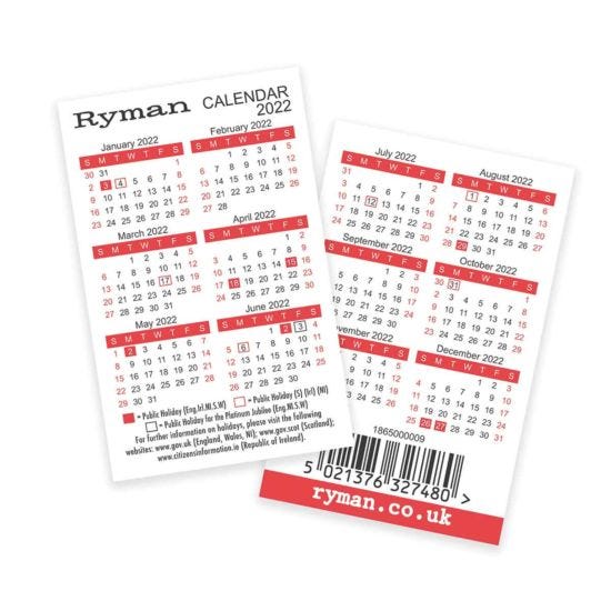 Ryman Credit Card Sized Calendar 2022