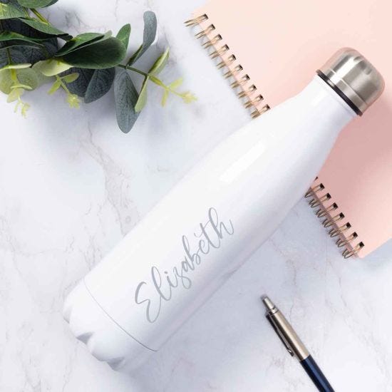 Ryman Personalised White Water Bottle with Grey Signature Style Font