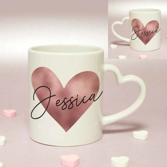 Personalised Rose Gold Heart Handled Mug