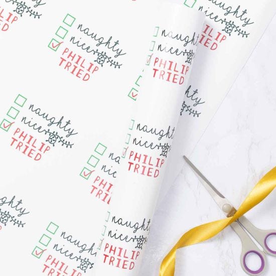Ryman Personalised Naughty Nice Wrapping Paper 1m x 1m