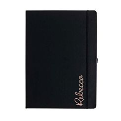 Personalised Soft Cover Large Notebook Black with Vertical Name and Copper Script