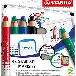 Stabilo Markdry Whiteboard Pencil x4 Assorted with Sharpener and Cloth