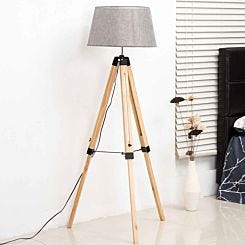 Grey Shade Classic Adjustable Height Wooden Tripod Floor Lamp
