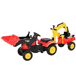 Homcom Ride on Pedal Frontloader Tractor with Trailer and Rear Excavator