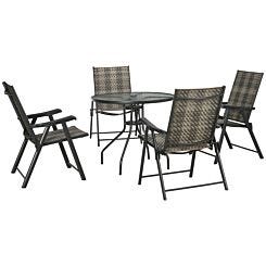 5 Piece Rattan Dining Set with Umbrella Hole Table and Folding Armchair